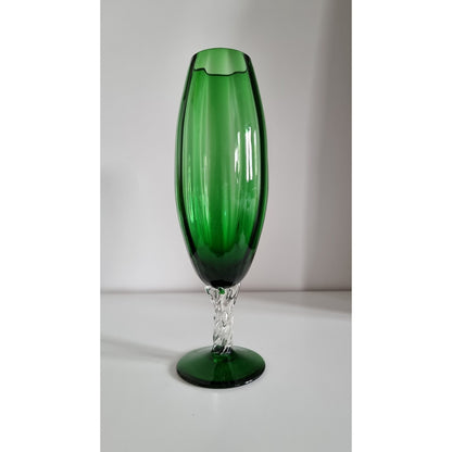 Vintage Italian Empoli Green Optic Glass Vase, Clear Twisted Stem Vase