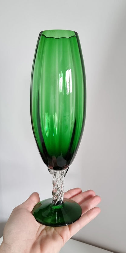 Vintage Italian Empoli Green Optic Glass Vase, Clear Twisted Stem Vase