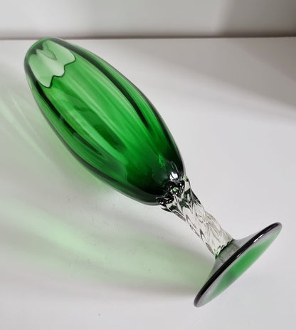 Vintage Italian Empoli Green Optic Glass Vase, Clear Twisted Stem Vase