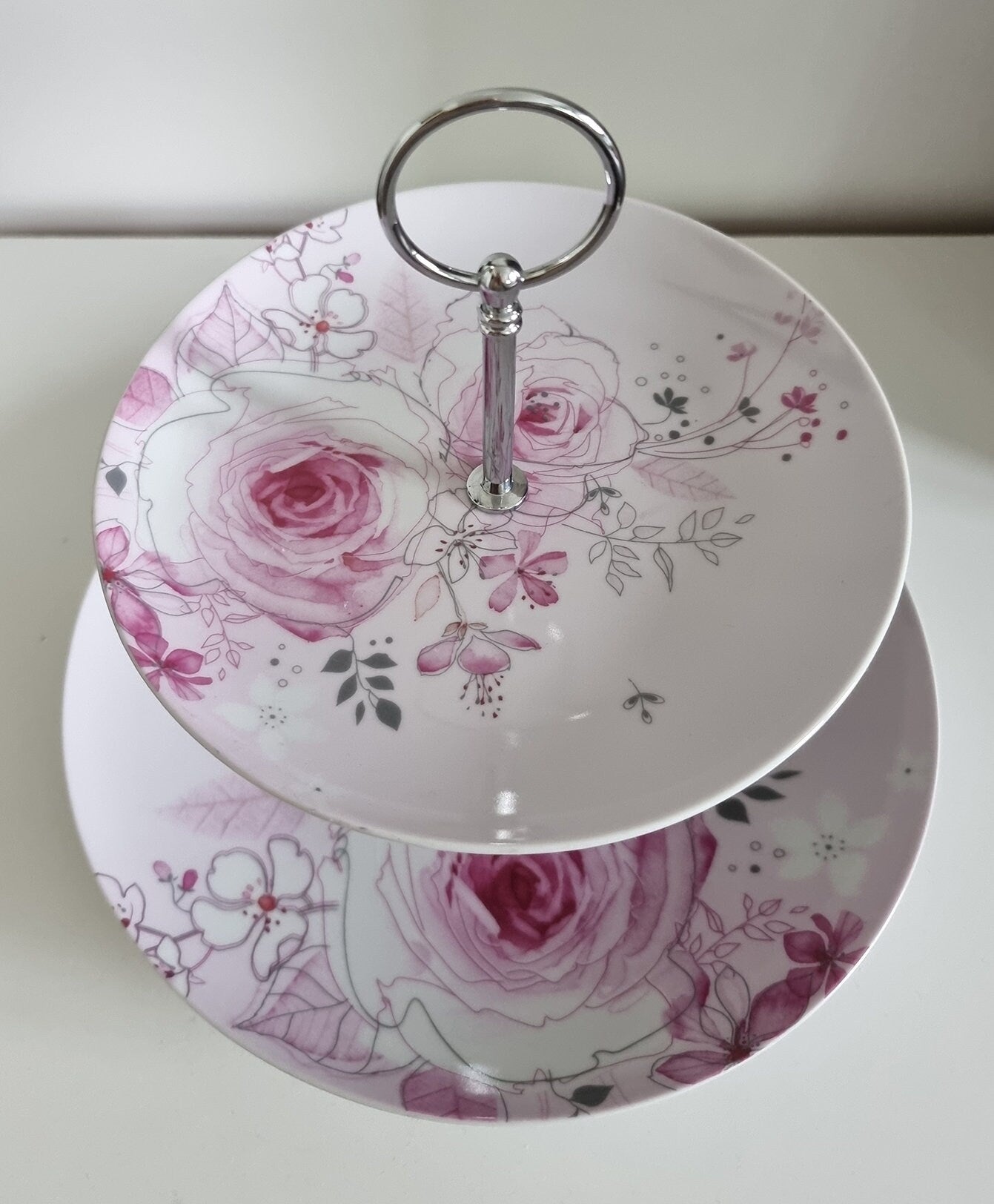 Vintage 2 Tier Cake Stand In Pink & White Floral