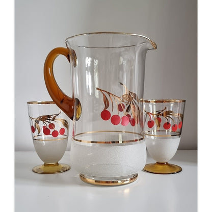 Vintage Glass Jug/Pitcher & 2 Matching Glasses With Cherry Design