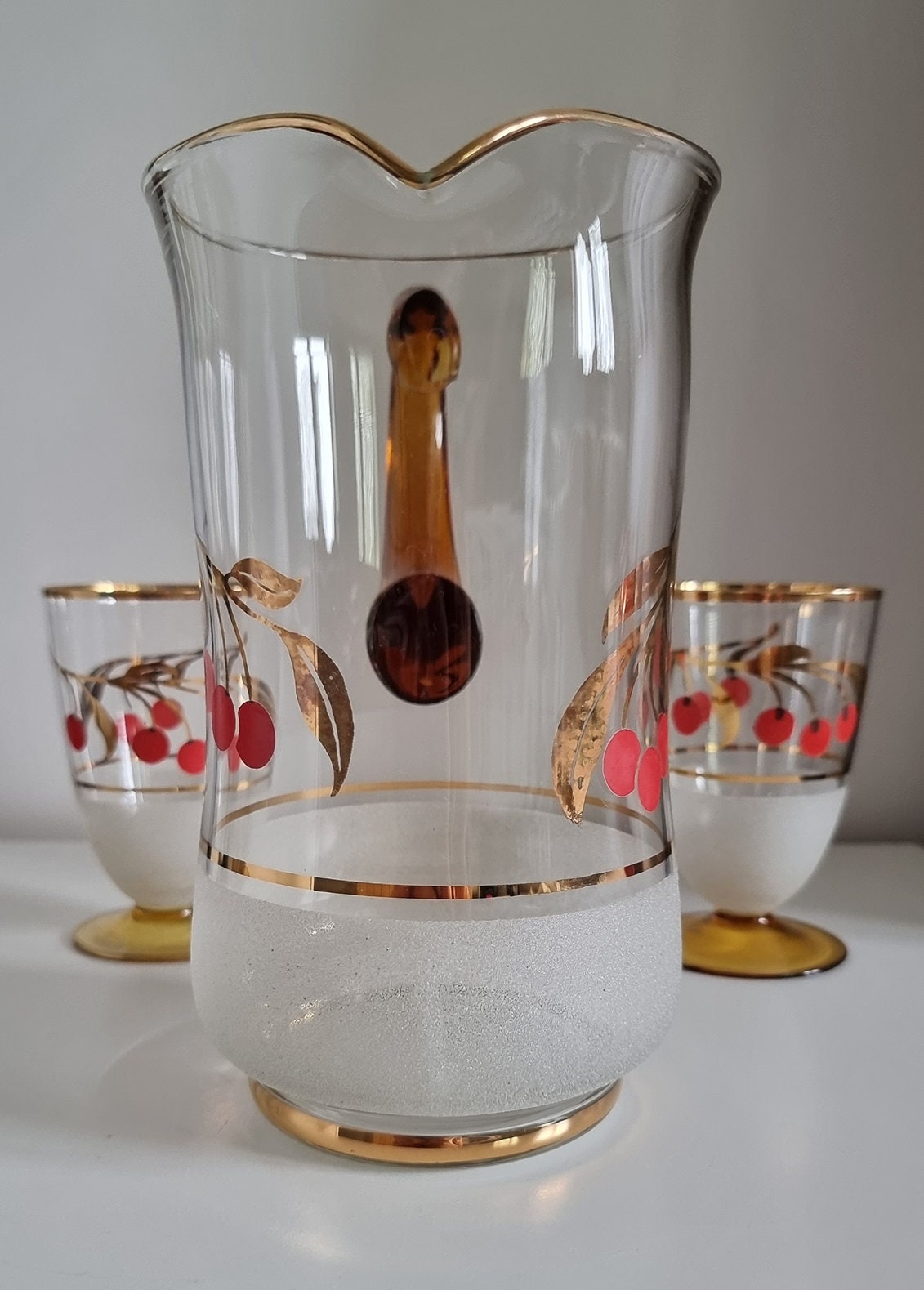 Vintage Glass Jug/Pitcher & 2 Matching Glasses With Cherry Design