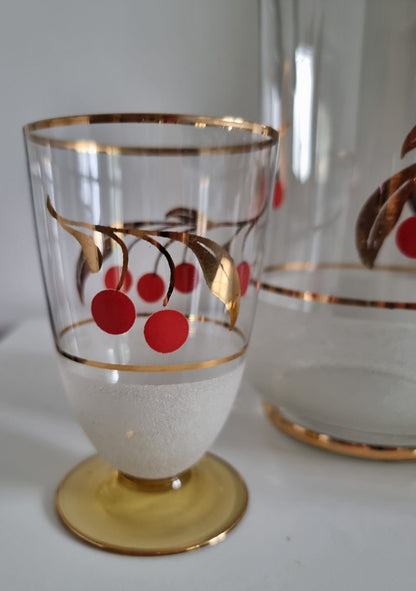 Vintage Glass Jug/Pitcher & 2 Matching Glasses With Cherry Design