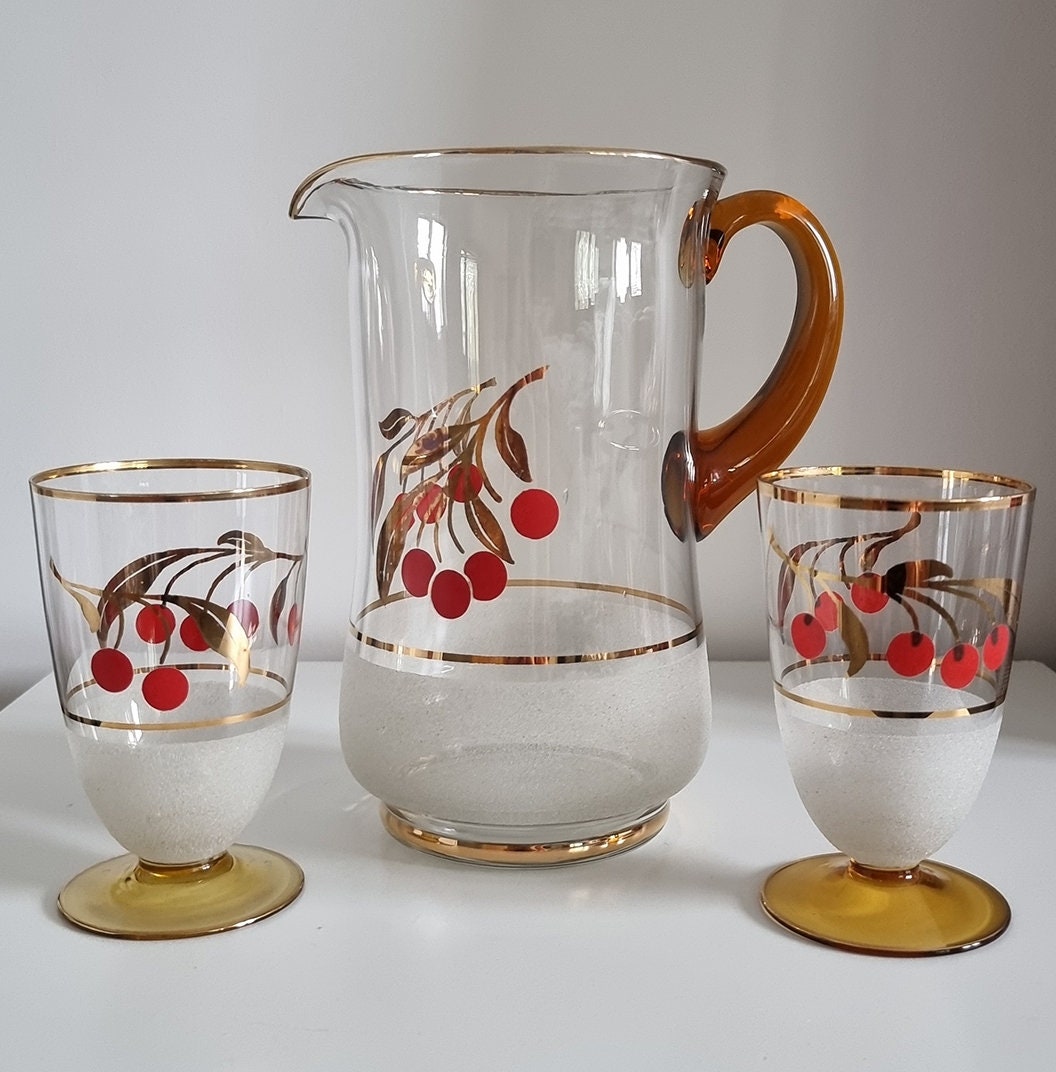 Vintage Glass Jug/Pitcher & 2 Matching Glasses With Cherry Design