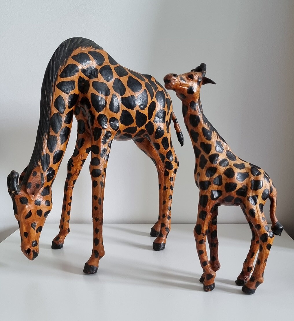 Vintage Leather Wrapped Mother & Baby Giraffes