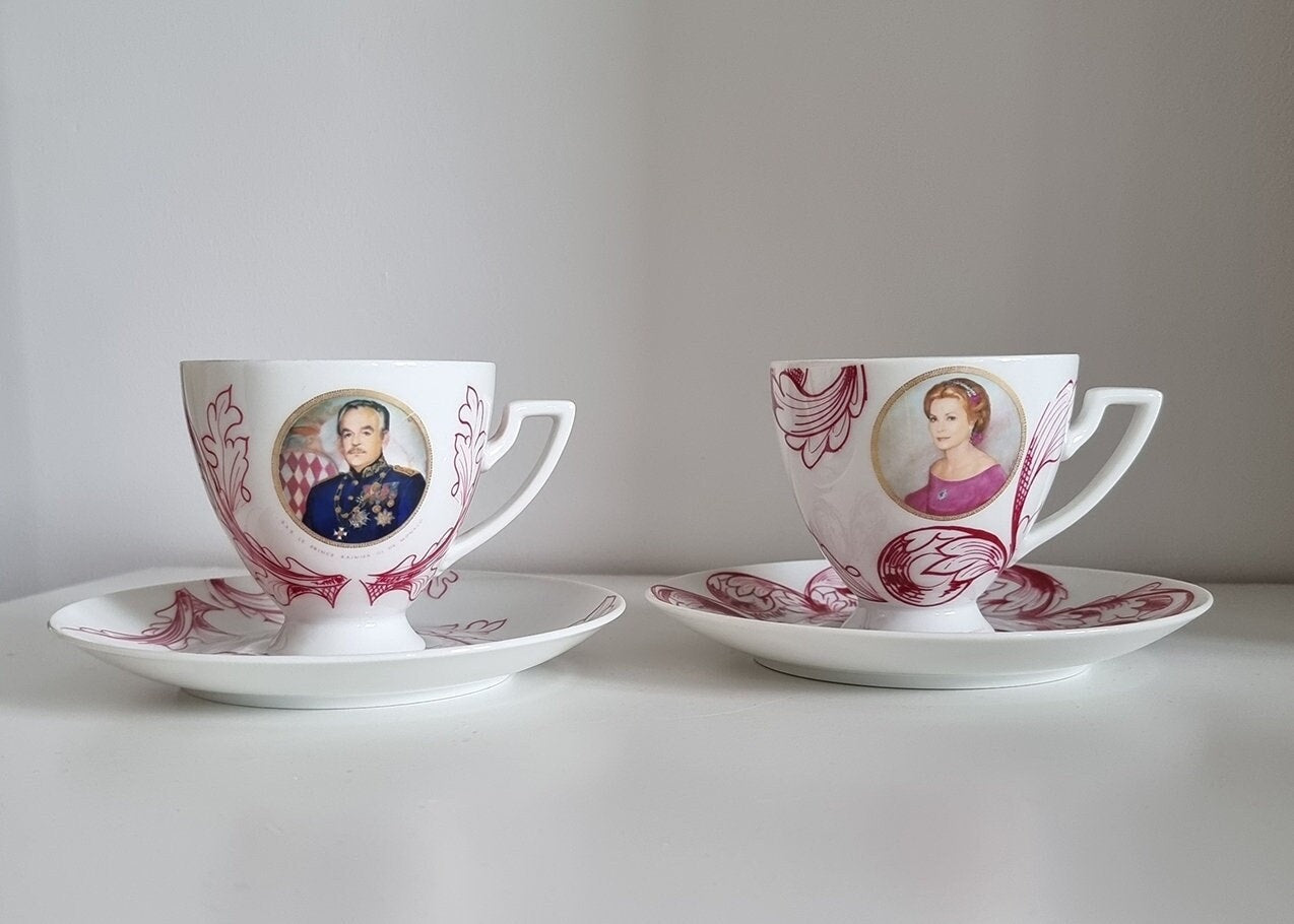 Pair Of Vintage Porcelaine de Monaco Creation Rozewicz Cups And Saucers, Princess Grace Kelly & Prince Rainier lll