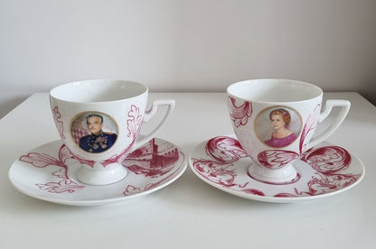 Pair Of Vintage Porcelaine de Monaco Creation Rozewicz Cups And Saucers, Princess Grace Kelly & Prince Rainier lll