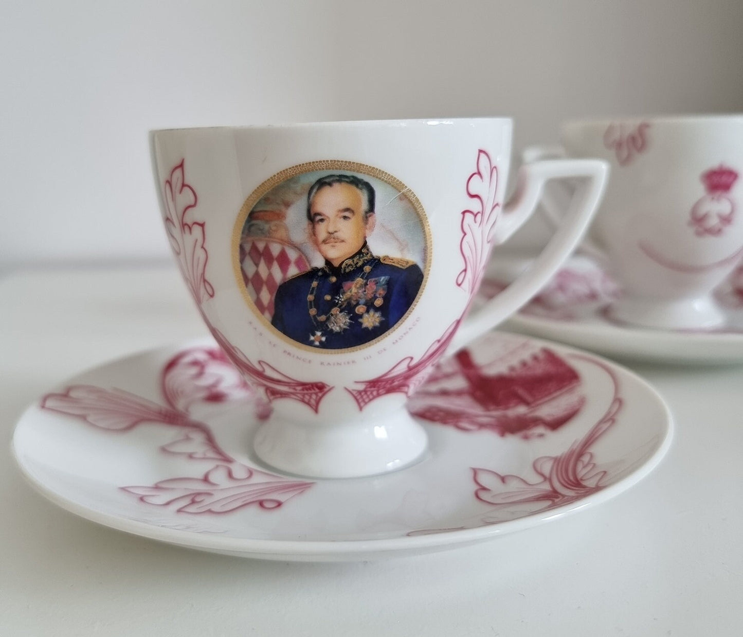 Pair Of Vintage Porcelaine de Monaco Creation Rozewicz Cups And Saucers, Princess Grace Kelly & Prince Rainier lll