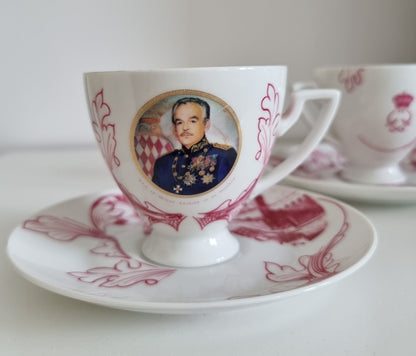 Pair Of Vintage Porcelaine de Monaco Creation Rozewicz Cups And Saucers, Princess Grace Kelly & Prince Rainier lll