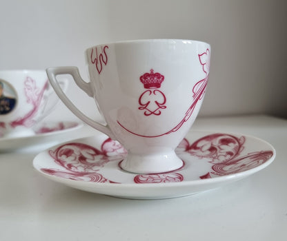 Pair Of Vintage Porcelaine de Monaco Creation Rozewicz Cups And Saucers, Princess Grace Kelly & Prince Rainier lll