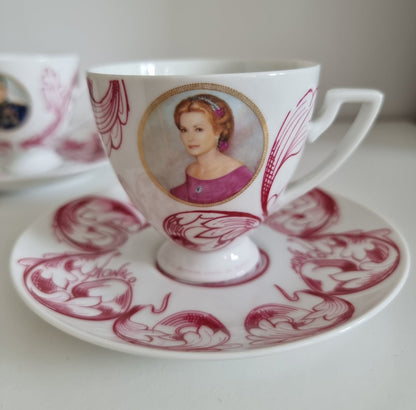 Pair Of Vintage Porcelaine de Monaco Creation Rozewicz Cups And Saucers, Princess Grace Kelly & Prince Rainier lll