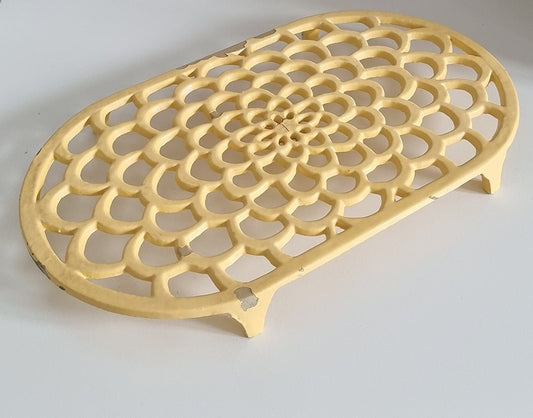 Vintage Pastel Yellow Oval Cast Iron Trivet