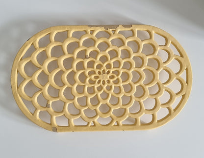 Vintage Pastel Yellow Oval Cast Iron Trivet