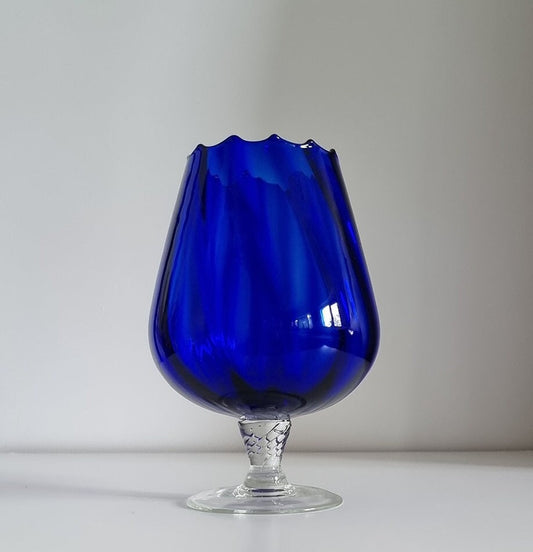 Vintage Italian Empoli Cobalt Blue Optic Glass Vase, Clear Twisted Stem Vase