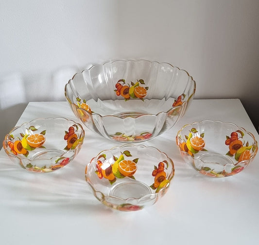 Vintage French Glass Fruit Bowl & 3 Serving Bowls