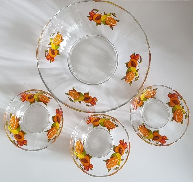 Vintage French Glass Fruit Bowl & 3 Serving Bowls