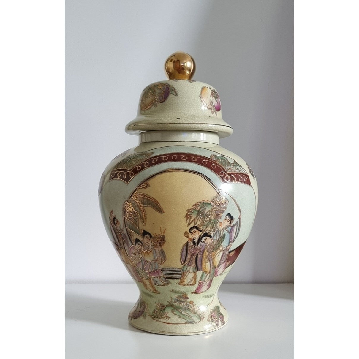 Large Vintage Oriental Hand Painted Lidded Jar Vase