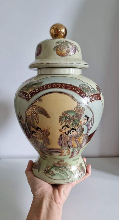 Large Vintage Oriental Hand Painted Lidded Jar Vase