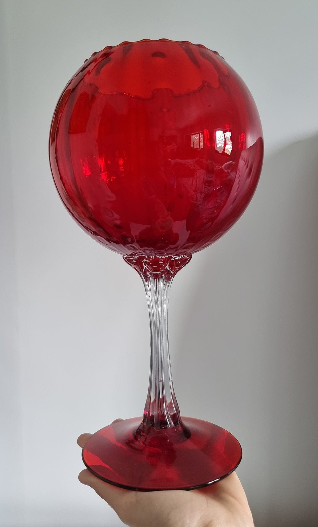 Vintage Italian Empoli Ruby Red Optic Balloon Glass Vase