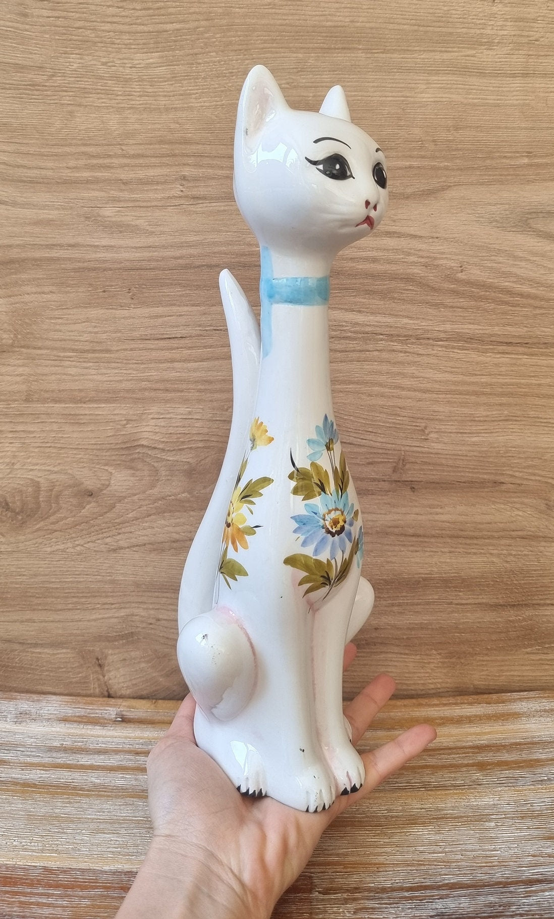 Mid-Century Floral Ceramic Cat Figure/Ornament