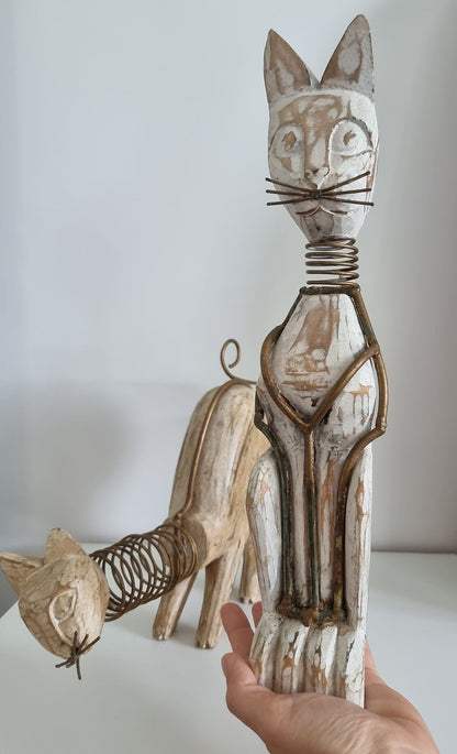 Pair Of Wooden Cat Figurines/Sculptures With Metal Spring Necks