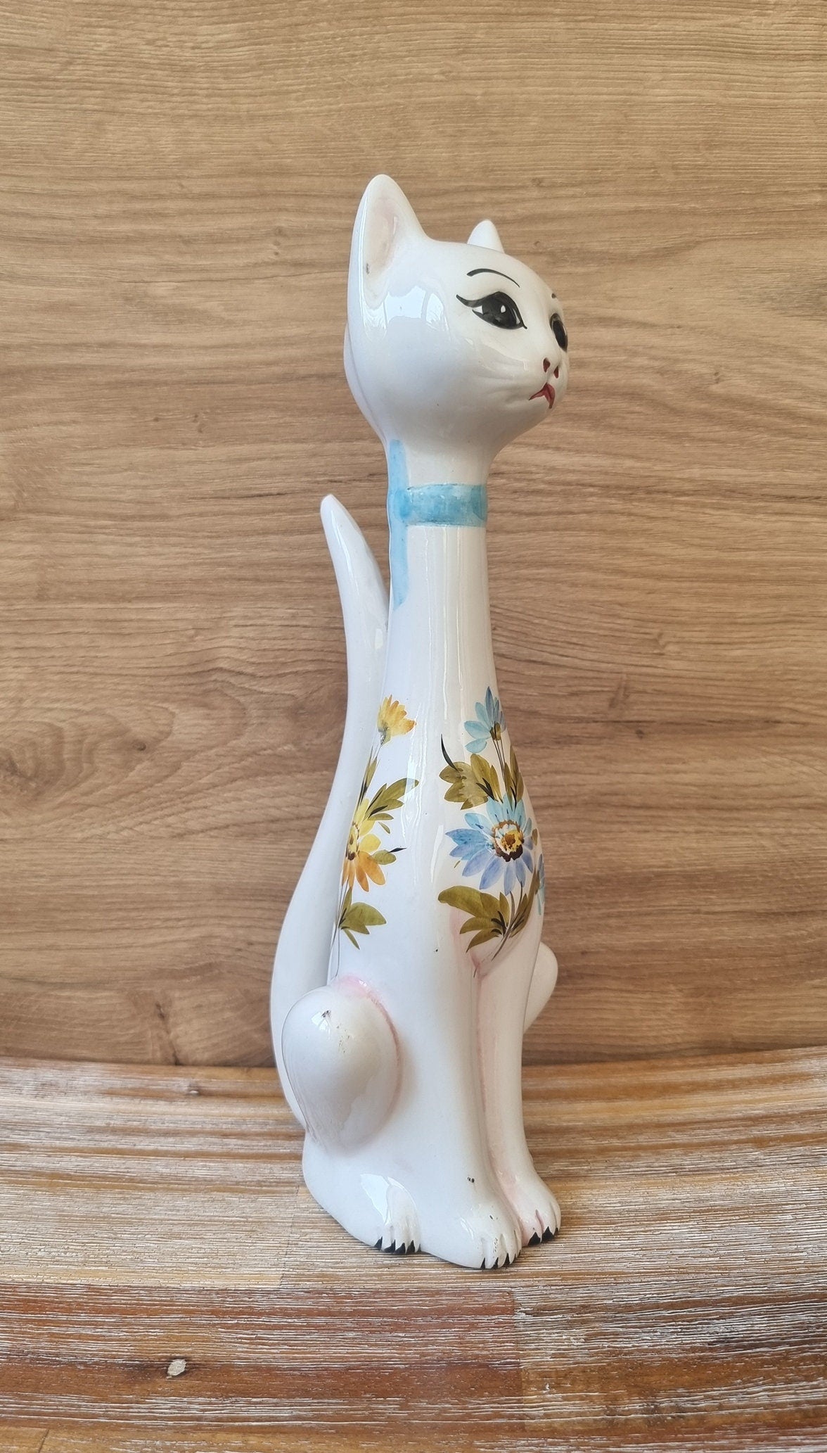 Mid-Century Floral Ceramic Cat Figure/Ornament