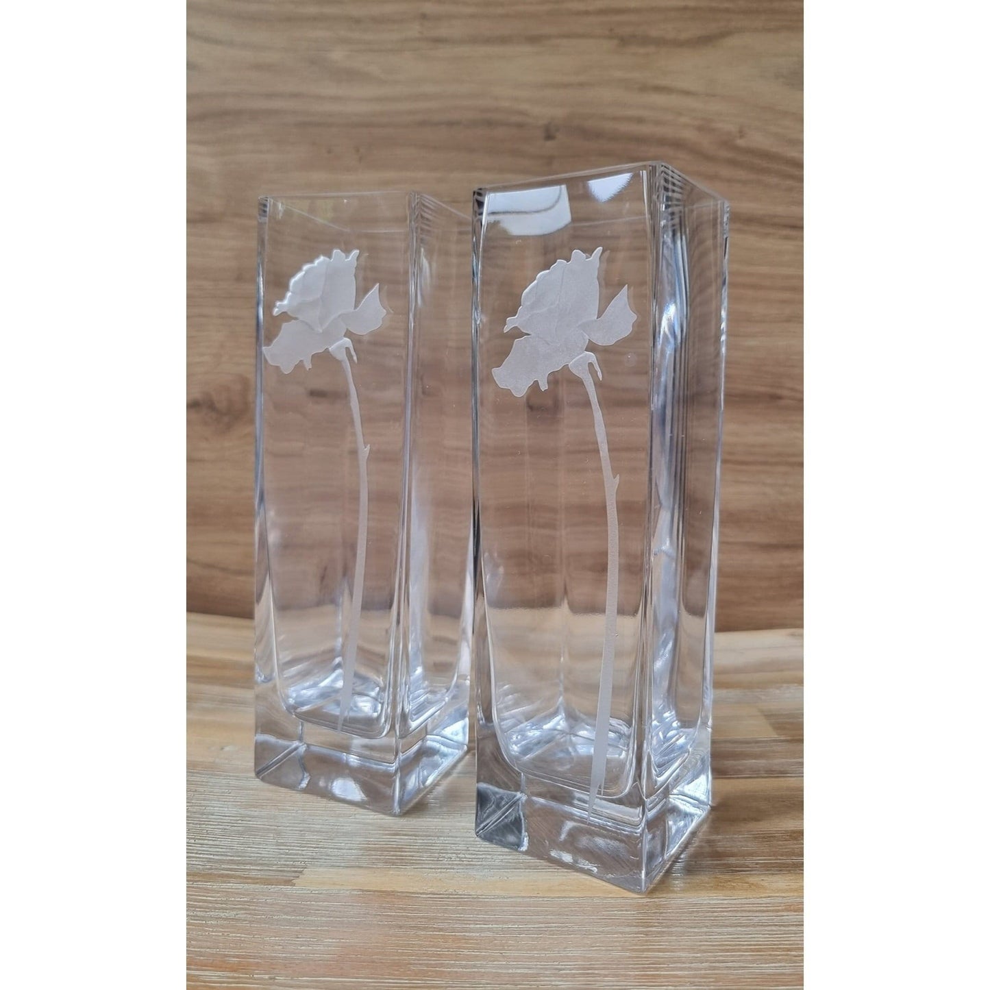 Pair Of Vintage Engraved Frosted Rose Design Glass Vases