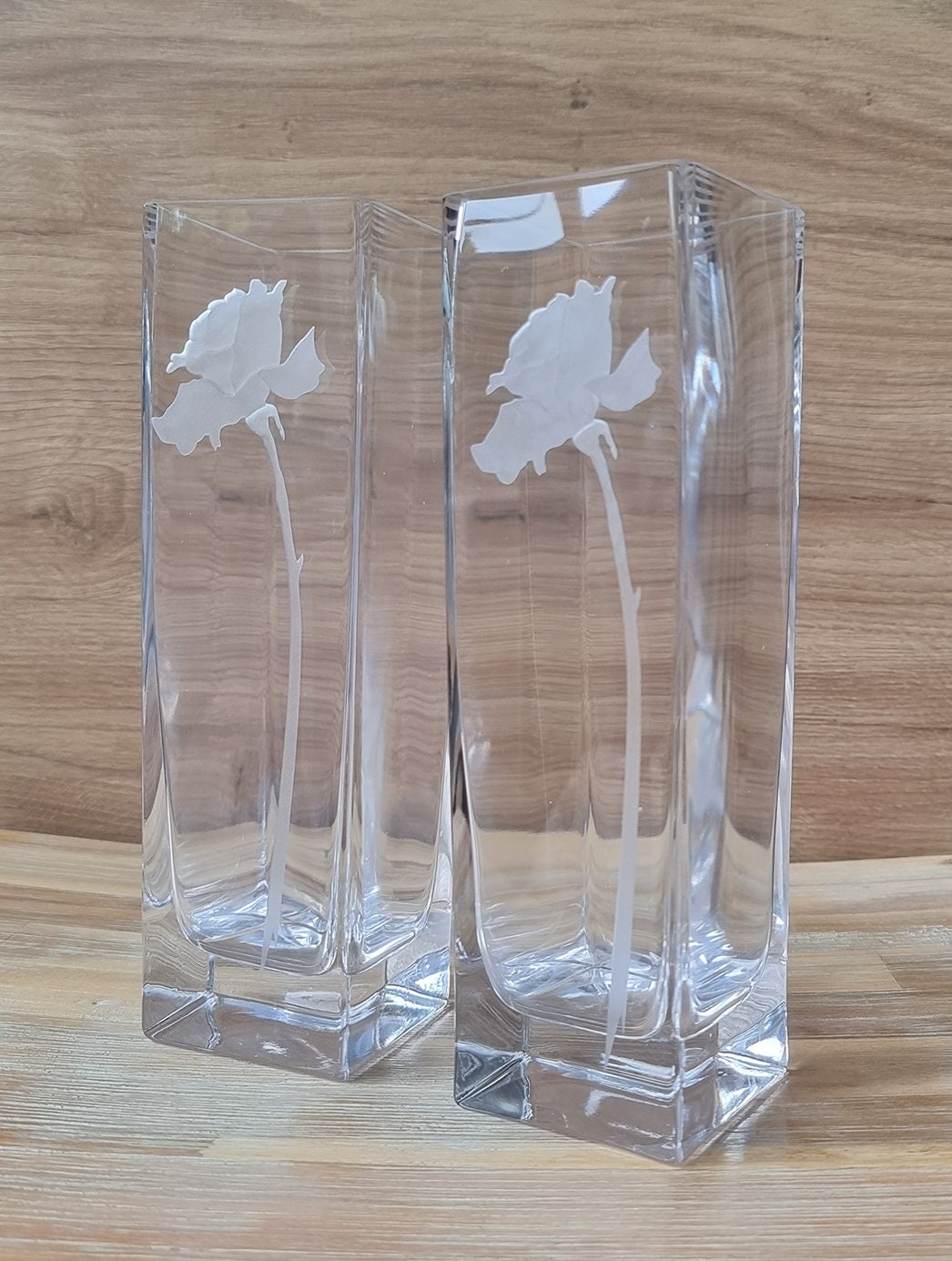 Pair Of Vintage Engraved Frosted Rose Design Glass Vases