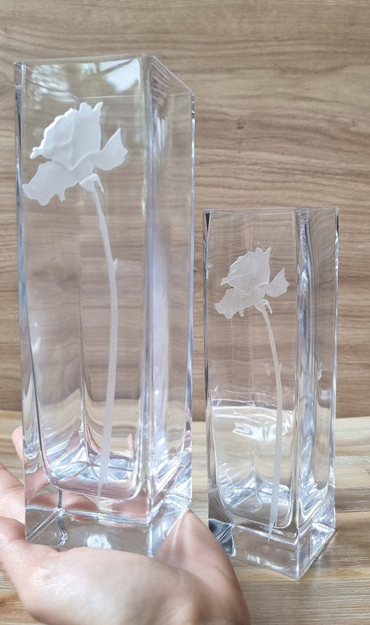 Pair Of Vintage Engraved Frosted Rose Design Glass Vases