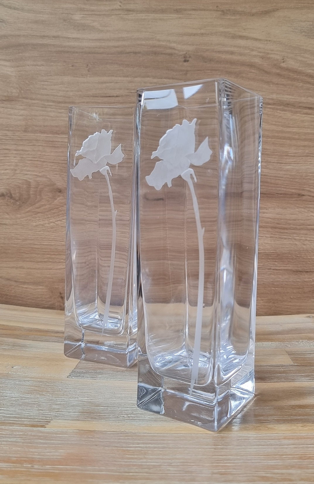 Pair Of Vintage Engraved Frosted Rose Design Glass Vases