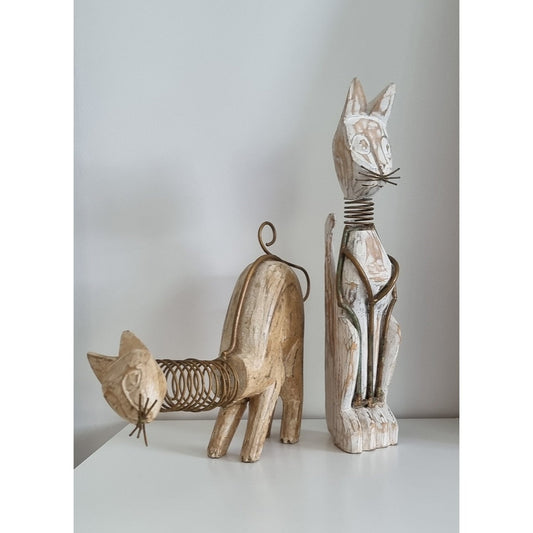 Pair Of Wooden Cat Figurines/Sculptures With Metal Spring Necks