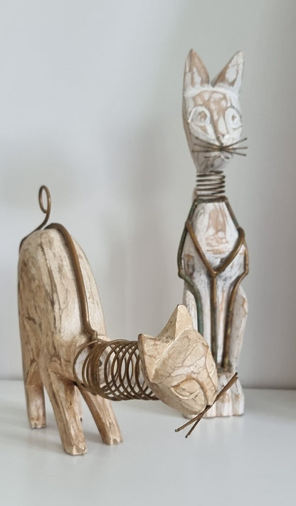 Pair Of Wooden Cat Figurines/Sculptures With Metal Spring Necks