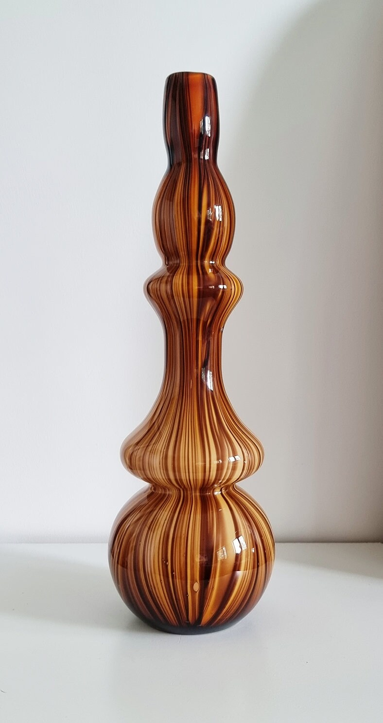 Mid-century Tall Brown Stripe Art Glass Vase