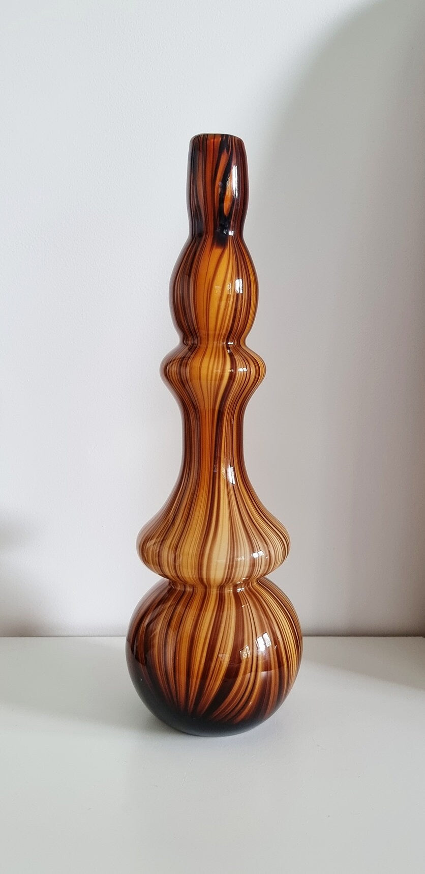 Mid-century Tall Brown Stripe Art Glass Vase