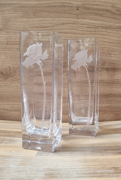 Pair Of Vintage Engraved Frosted Rose Design Glass Vases