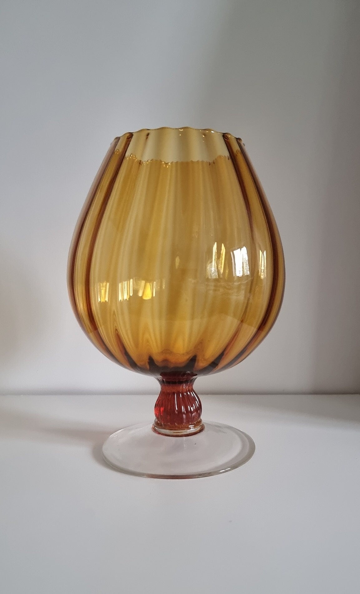 Vintage Italian Empoli Amber Optic Glass Balloon Snifter Vase