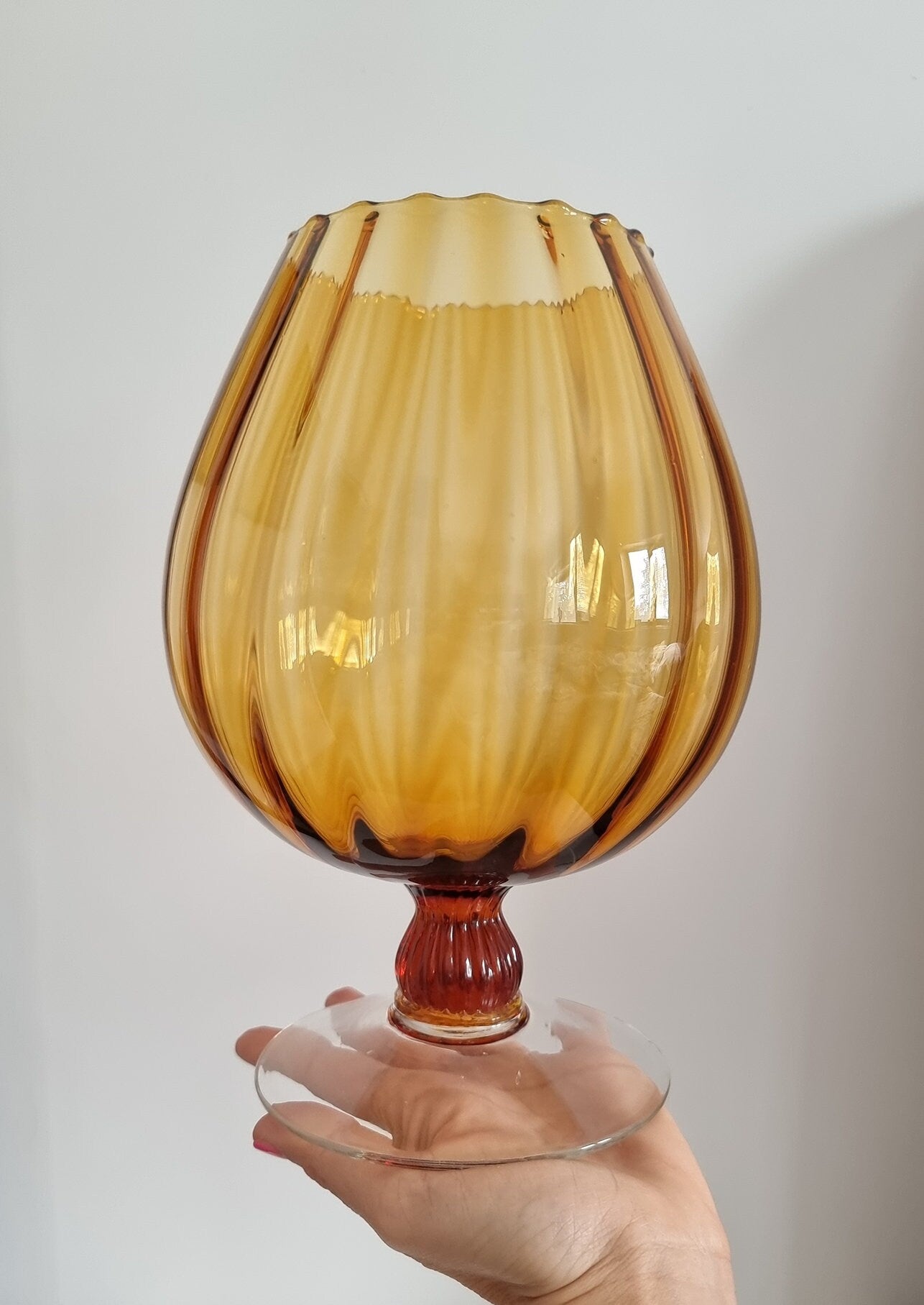 Vintage Italian Empoli Amber Optic Glass Balloon Snifter Vase