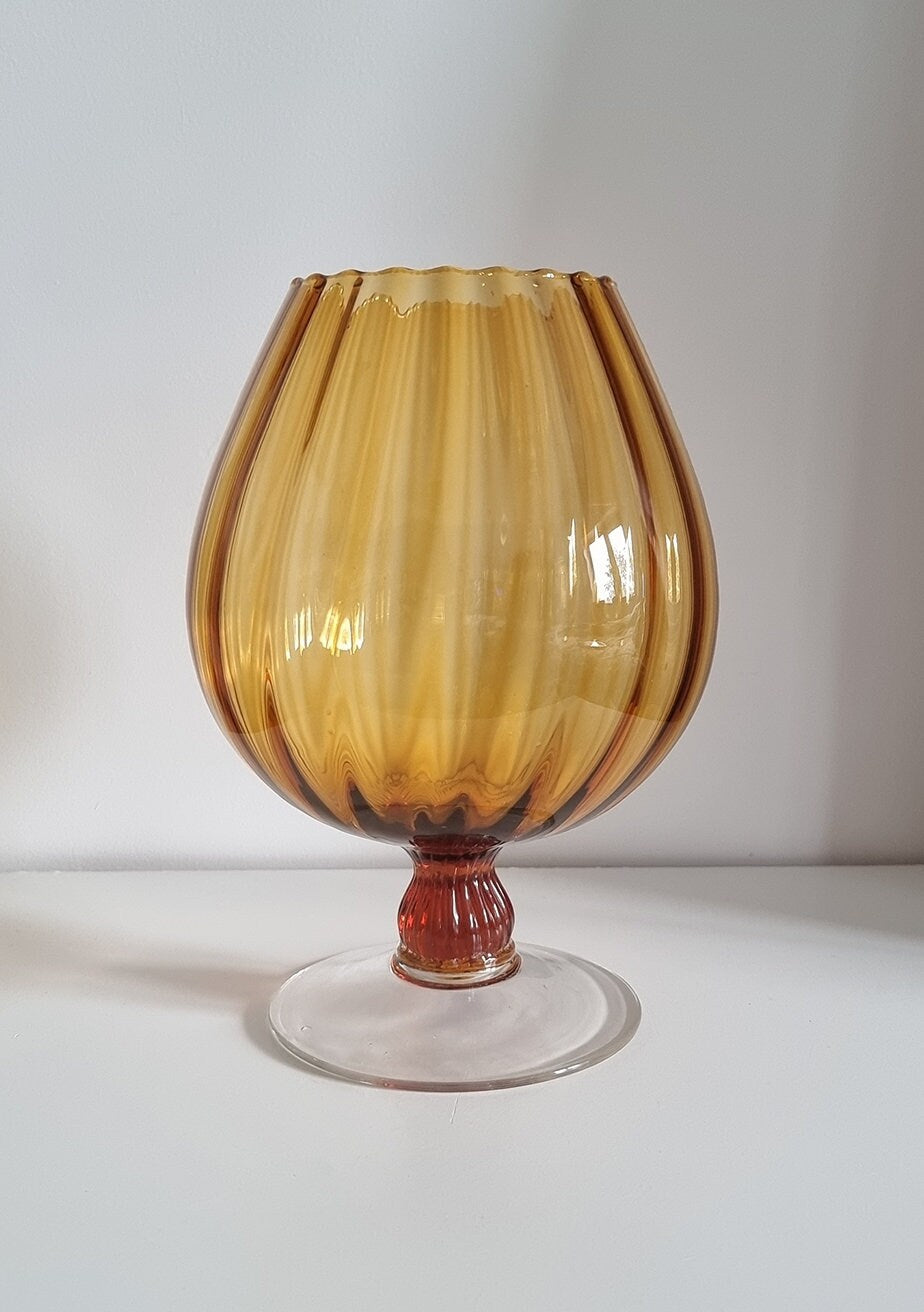 Vintage Italian Empoli Amber Optic Glass Balloon Snifter Vase