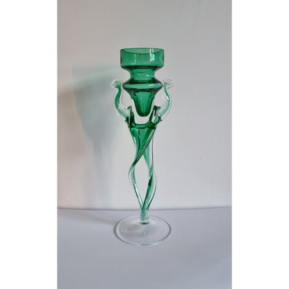 Vintage Jozefina Krosno Green/Clear Art Glass Candlestick/Tealight Holder