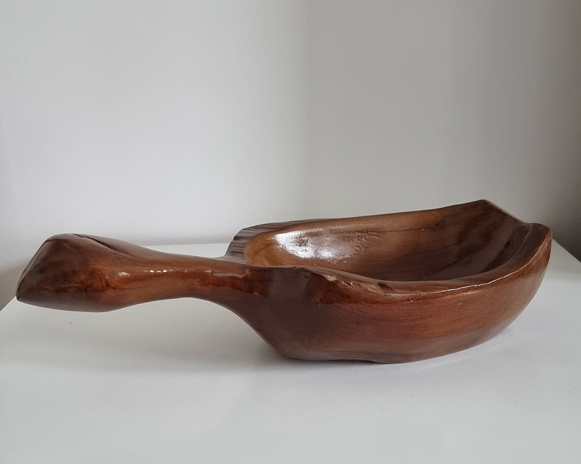 Hand Carved Wooden Bowl With Handle, Farmhouse Rustic Home Decor