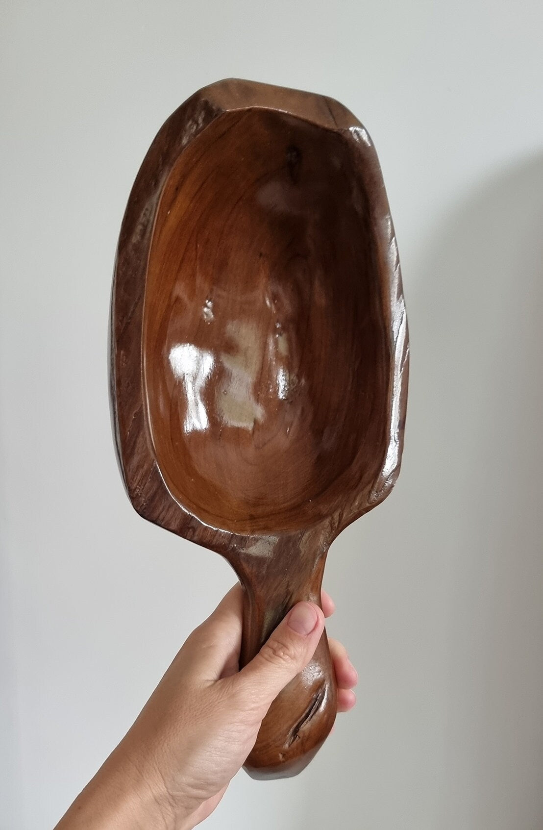 Hand Carved Wooden Bowl With Handle, Farmhouse Rustic Home Decor