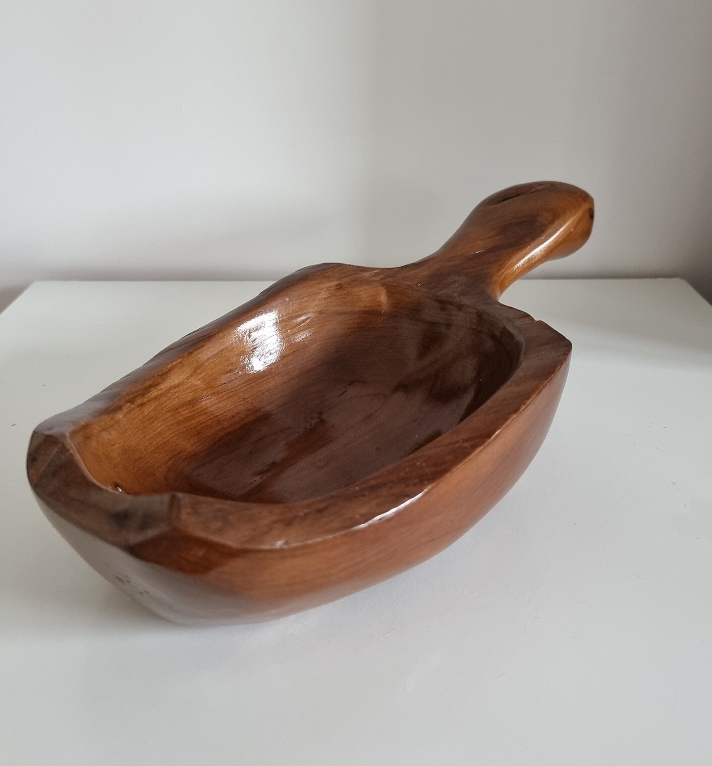 Hand Carved Wooden Bowl With Handle, Farmhouse Rustic Home Decor
