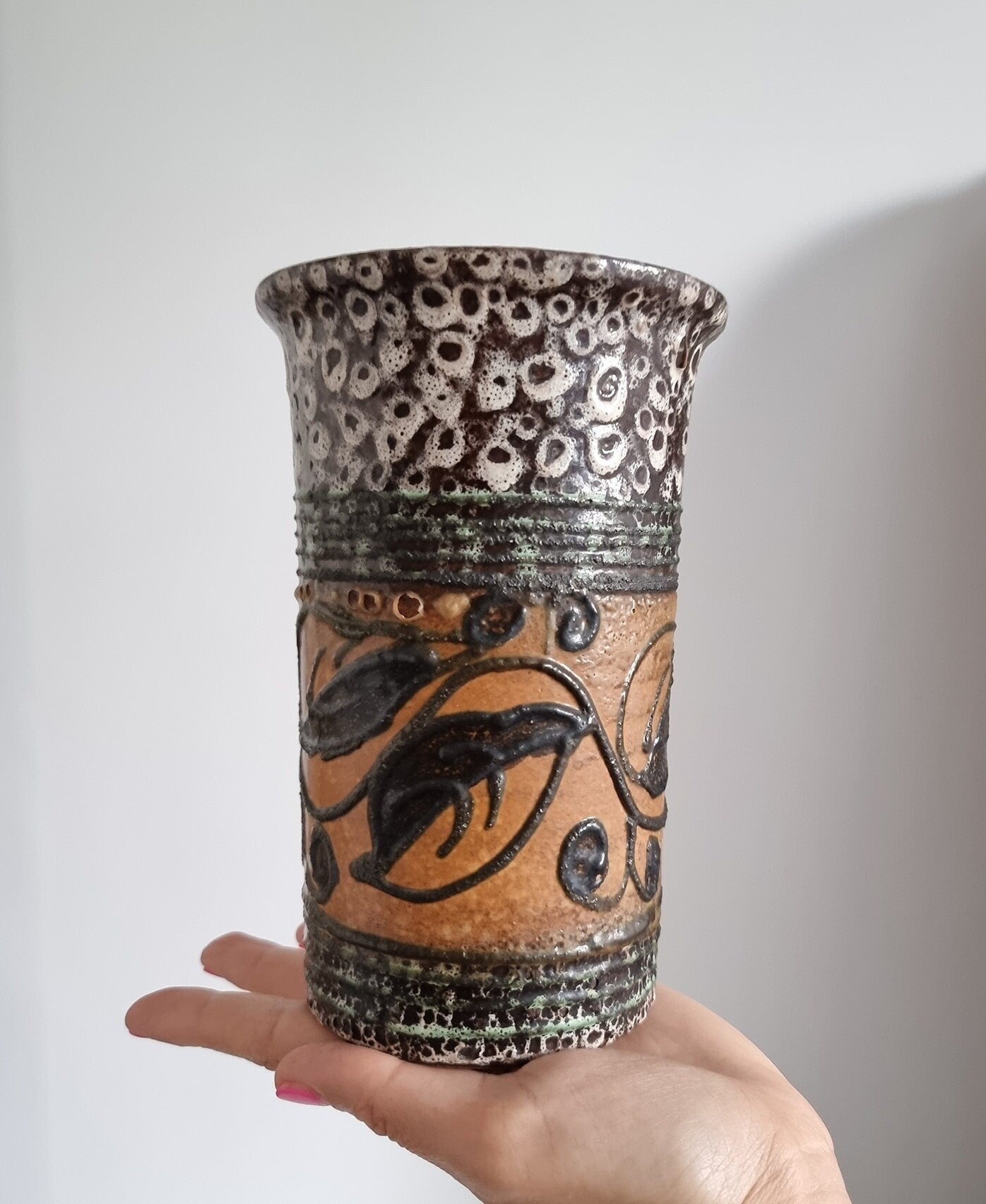 Mid-Century Hand Decorated Pottery Vase