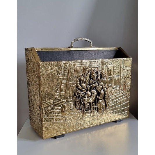 Vintage Hammered Brass & Wood Magazine/Newspaper Rack