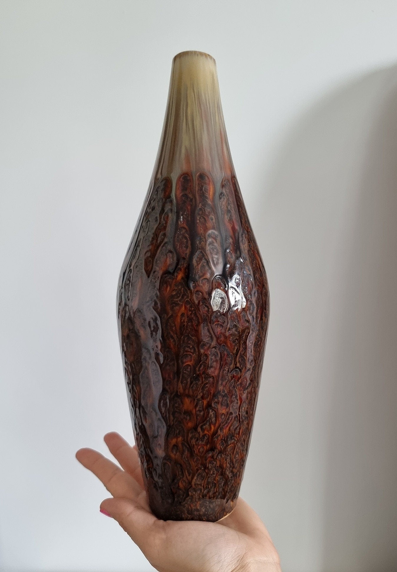 Retro Brown & Beige Drip Glaze Pottery Vase