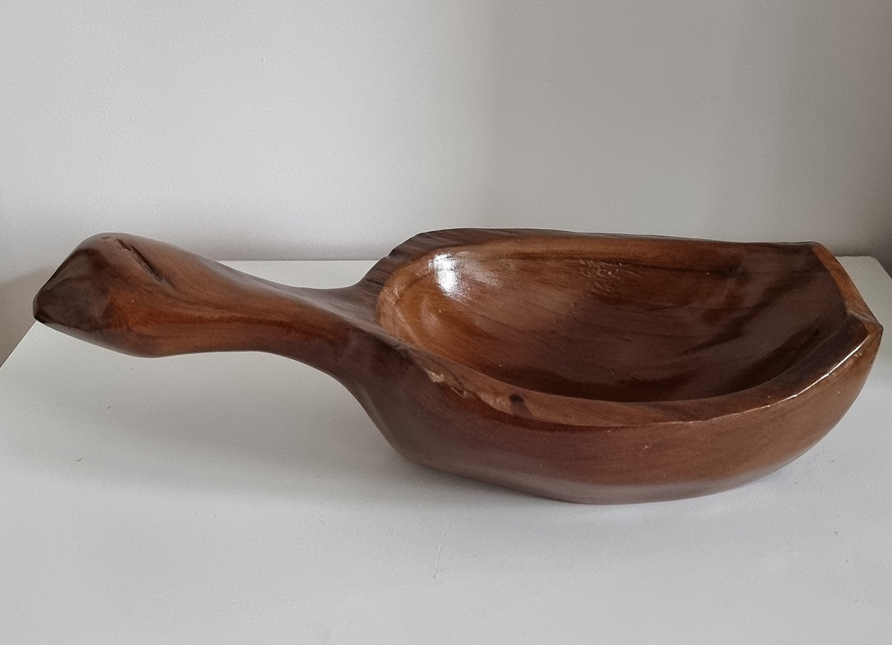 Hand Carved Wooden Bowl With Handle, Farmhouse Rustic Home Decor