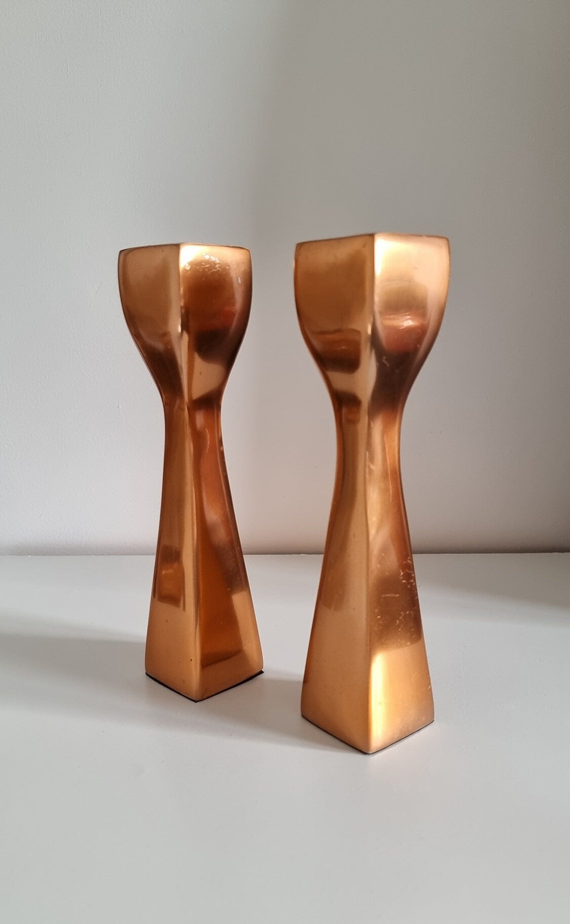 Pair Of Vintage Metal Candlesticks In Copper Colour