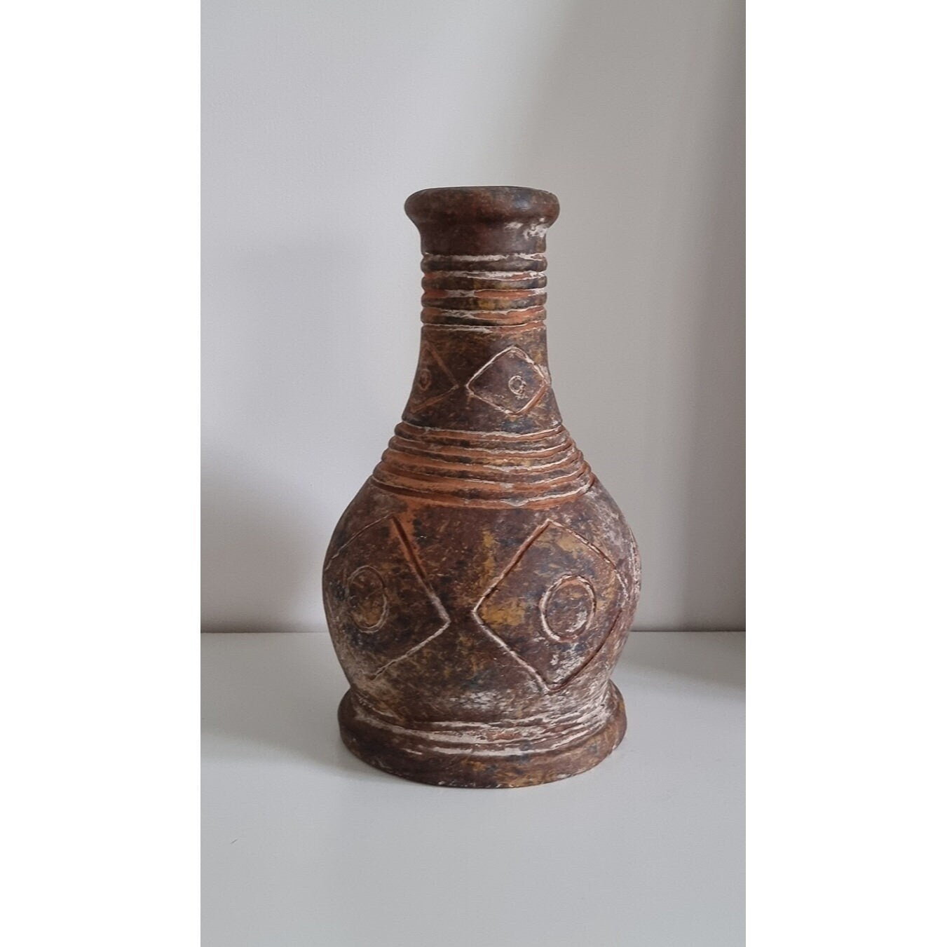 Old Vintage Clay Pottery Vase With Hand Etched Design