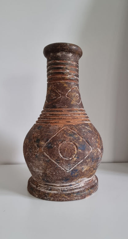 Old Vintage Clay Pottery Vase With Hand Etched Design