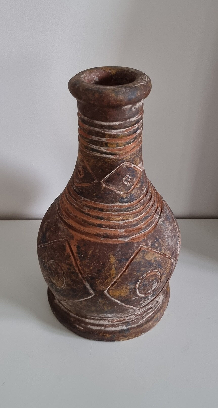 Old Vintage Clay Pottery Vase With Hand Etched Design